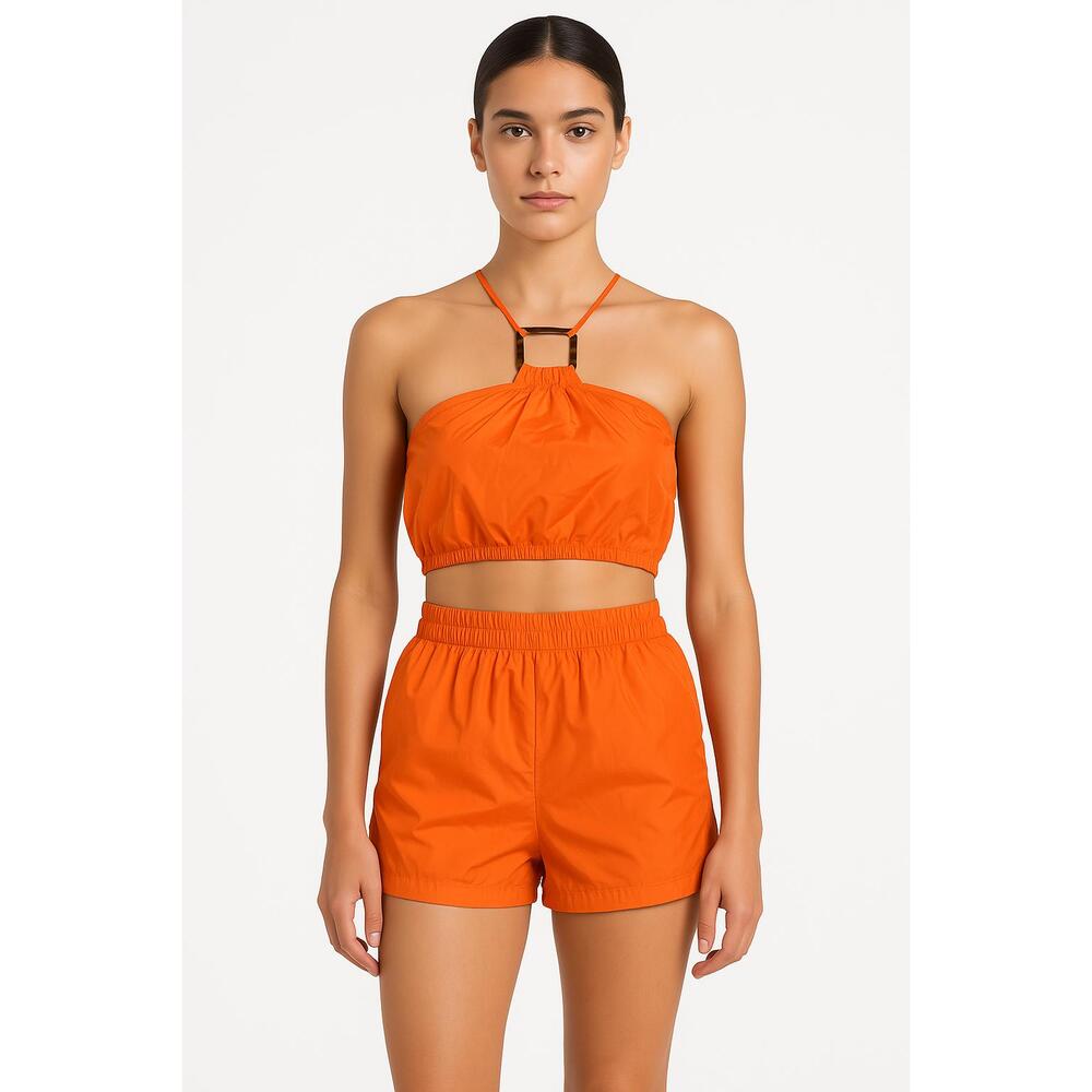 STAUD 2 Piece Cropped Halter Top & Shorts Drawstring Closures Orange Sz S & XS‎